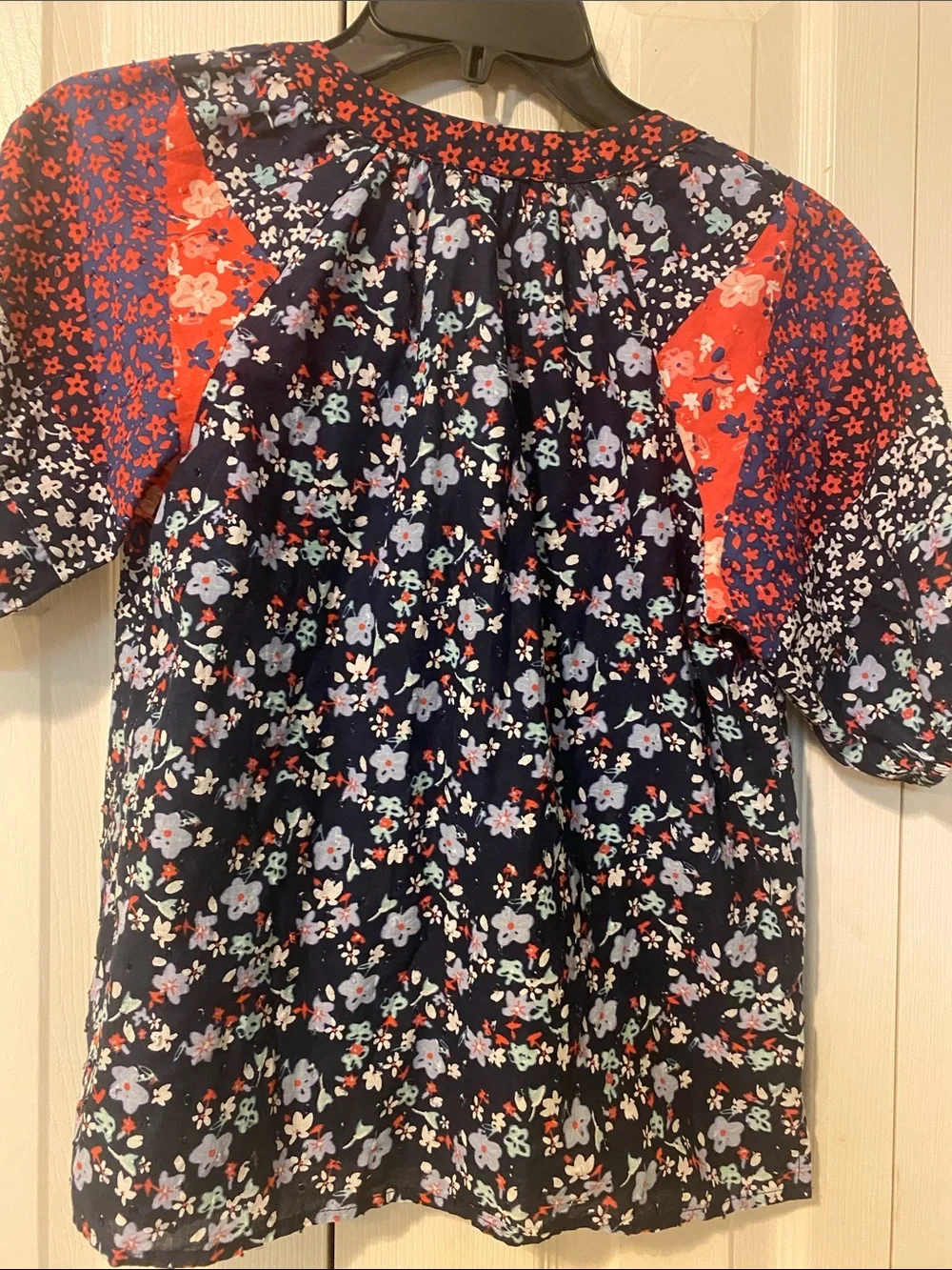 LOFT Navy and Red Patchwork Floral Blouse